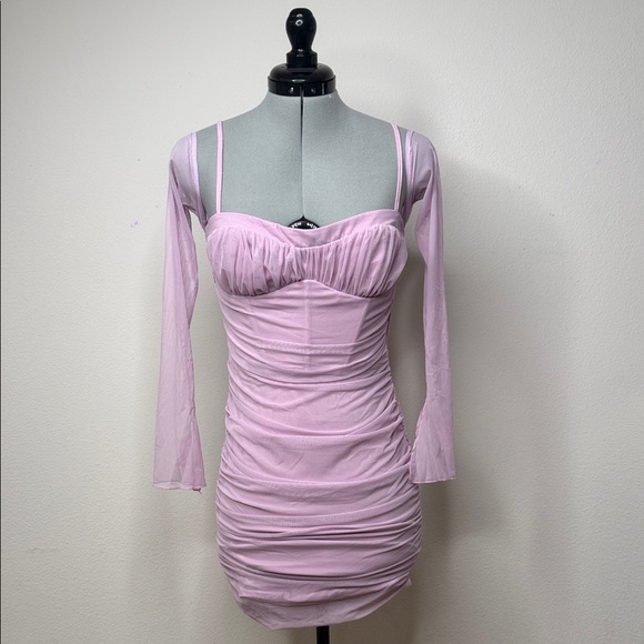 Oh Polly Dresses & Skirts - Oh Polly Pink Ruched Mesh Mini Dress Long Sleeve Bodycon Size 6 NWT
